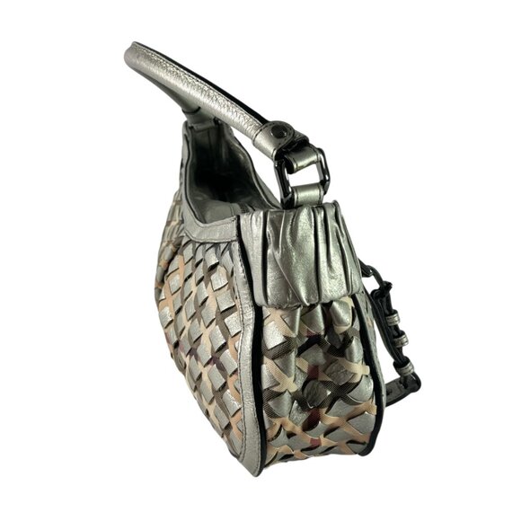 BURBERRY Silver Woven Leather and Nova Check Canvas Shoulder Bag Made in Italy - Picture 4 of 13